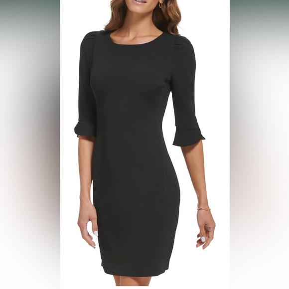 Dkny Stretch Jewel Neckline 3/4 Ruffle Trim Sleeve Sheath Dress 12